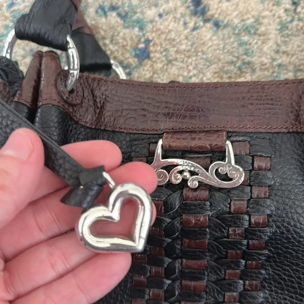 BRIGHTON Black & Brown Leather Hobo Bag With Silver Hardware Braided Shoulder.